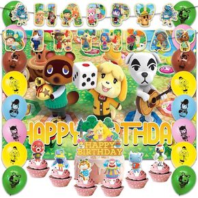 42pcs Animal-Crossing Birthday Party Supplies Pack Includes，Banner，Cake Topper，Blackdrop,Balloons for Animal-Crossing party supplies