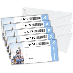 Lashicorn Boarding Pass Magical Blue Surprise Vacation Airport Kingdom | 5 pk 3.75x8.25" Passes & 5 Envelopes Heart Ticket Birthday Card Gift Paper Template Mouse Stickers