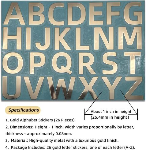 Gold Alphabet Stickers, 26-Piece Metal Letter Decals, 1 Inch Height, Self-Adhesive, Premium Gold Finish for Customizing Crafts, Home Decor, and Personal Items A to Z Letters in Saudi Arabia