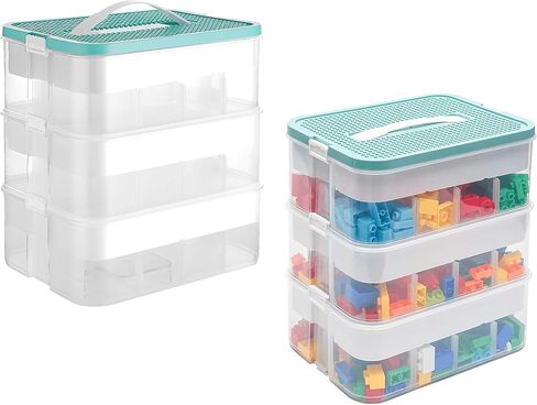 Plastic Storage Organizer Box 3 Layer Clear Building Blocks Storage Bins with Lid and Adjustable Storage Compartments for Bead Dolls Tool Parts Sewing(Green in Saudi Arabia