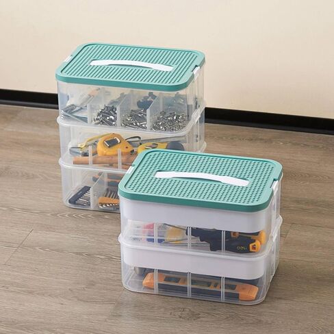 Plastic Storage Organizer Box 3 Layer Clear Building Blocks Storage Bins with Lid and Adjustable Storage Compartments for Bead Dolls Tool Parts Sewing(Green in Saudi Arabia