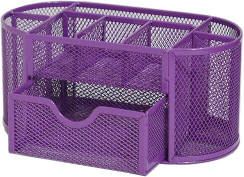 Purple Mesh Desk Organizer Desktop Office Supplies with 9 Compartments, Office Desktop Organizer with Drawer, Metal Pen Holder Stationery Caddy Multifunctional Organizer for Desk Organization in Kuwait