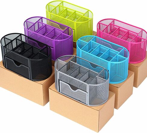 Purple Mesh Desk Organizer Desktop Office Supplies with 9 Compartments, Office Desktop Organizer with Drawer, Metal Pen Holder Stationery Caddy Multifunctional Organizer for Desk Organization in Kuwait