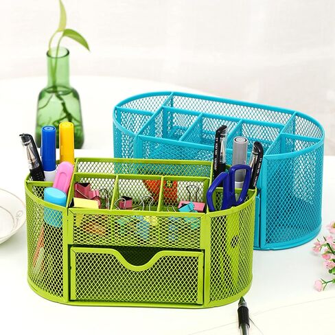 Purple Mesh Desk Organizer Desktop Office Supplies with 9 Compartments, Office Desktop Organizer with Drawer, Metal Pen Holder Stationery Caddy Multifunctional Organizer for Desk Organization in Kuwait