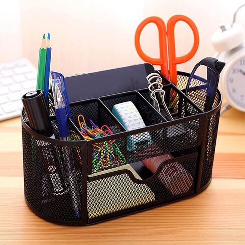 Purple Mesh Desk Organizer Desktop Office Supplies with 9 Compartments, Office Desktop Organizer with Drawer, Metal Pen Holder Stationery Caddy Multifunctional Organizer for Desk Organization in Kuwait