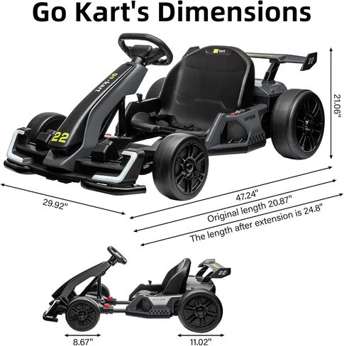 24V Electric Go Kart for Kids ， kart القوي الانجراف مع مقعد قابل للتعديل ، ومحرك 2 × 150 ، وسرعة 8.5 ميل في الساعة ، و 4 أسرار ، وأضواء LED ، والموسيقى ، والقرن الشديد للأعمار 6-12 in Kuwait