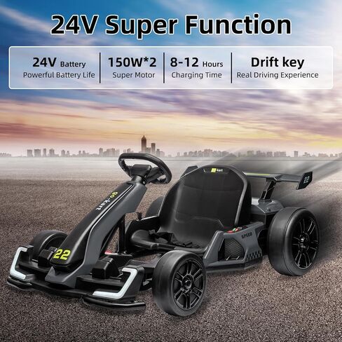 24V Electric Go Kart for Kids ， kart القوي الانجراف مع مقعد قابل للتعديل ، ومحرك 2 × 150 ، وسرعة 8.5 ميل في الساعة ، و 4 أسرار ، وأضواء LED ، والموسيقى ، والقرن الشديد للأعمار 6-12 in Kuwait