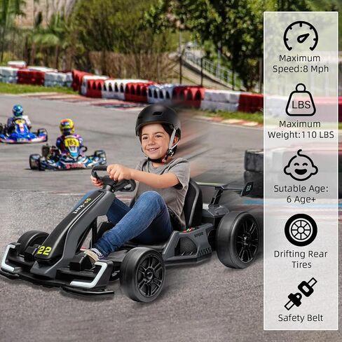 24V Electric Go Kart for Kids ， kart القوي الانجراف مع مقعد قابل للتعديل ، ومحرك 2 × 150 ، وسرعة 8.5 ميل في الساعة ، و 4 أسرار ، وأضواء LED ، والموسيقى ، والقرن الشديد للأعمار 6-12 in Kuwait