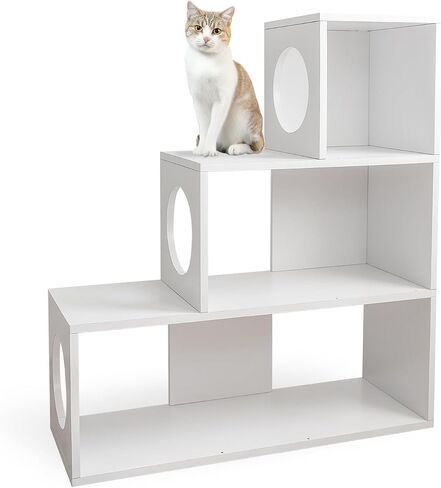 Cat Stairs Shelf 3 Steps, cat Tree Climbing Shelf, Window Perch & Storage Solution, Stair Platform for Indoor Adult Cats, Made from Safe Sturdy Material, Versatile Ladder Direction, greywood in Saudi Arabia