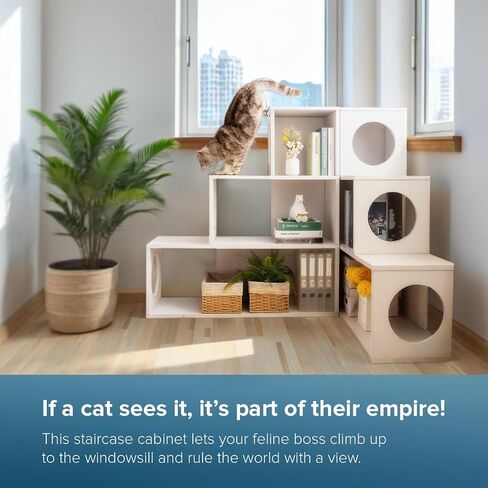 Cat Stairs Shelf 3 Steps, cat Tree Climbing Shelf, Window Perch & Storage Solution, Stair Platform for Indoor Adult Cats, Made from Safe Sturdy Material, Versatile Ladder Direction, greywood in Saudi Arabia