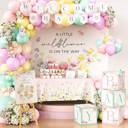 Wildflower Baby Shower Decorations 268Pcs A Little Wildflower is On The Way Baby Shower Party Decorations Banner Balloon Arch Kit Boxes Backdrop Cake Toppers for Pastel Birthday Decorations in Saudi Arabia