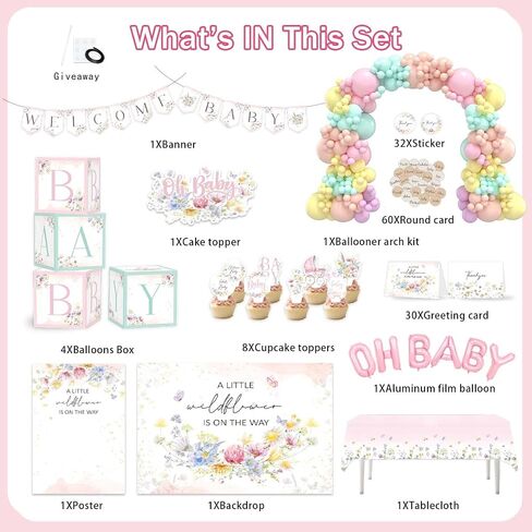Wildflower Baby Shower Decorations 268Pcs A Little Wildflower is On The Way Baby Shower Party Decorations Banner Balloon Arch Kit Boxes Backdrop Cake Toppers for Pastel Birthday Decorations in Saudi Arabia