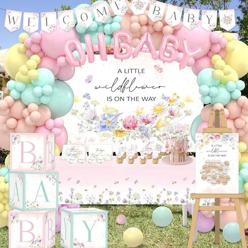 Wildflower Baby Shower Decorations 268Pcs A Little Wildflower is On The Way Baby Shower Party Decorations Banner Balloon Arch Kit Boxes Backdrop Cake Toppers for Pastel Birthday Decorations in Saudi Arabia