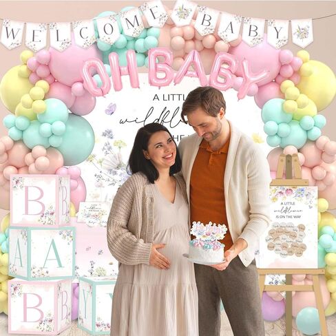 Wildflower Baby Shower Decorations 268Pcs A Little Wildflower is On The Way Baby Shower Party Decorations Banner Balloon Arch Kit Boxes Backdrop Cake Toppers for Pastel Birthday Decorations in Saudi Arabia