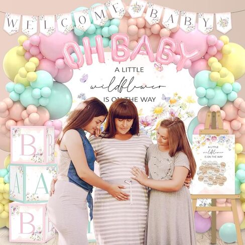 Wildflower Baby Shower Decorations 268Pcs A Little Wildflower is On The Way Baby Shower Party Decorations Banner Balloon Arch Kit Boxes Backdrop Cake Toppers for Pastel Birthday Decorations in Saudi Arabia