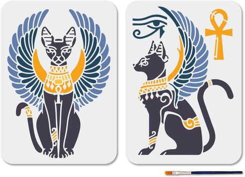 MAYJOYDIY 2Pcs Egyptian Cat Stencils Egyptian Winged Cat Stencil 11.7×8.3inch with Paint Brush Key to Life Stencil Eye of Horus Template for Wood Wall Window DIY Craft Home Decor in Saudi Arabia