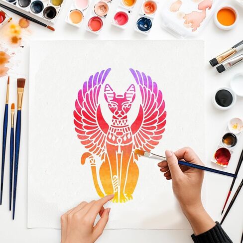 MAYJOYDIY 2Pcs Egyptian Cat Stencils Egyptian Winged Cat Stencil 11.7×8.3inch with Paint Brush Key to Life Stencil Eye of Horus Template for Wood Wall Window DIY Craft Home Decor in Saudi Arabia