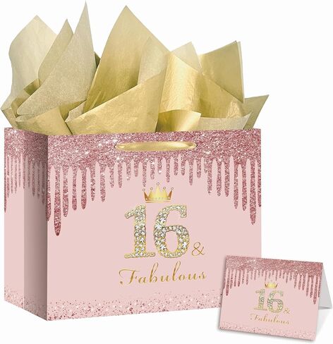 RDKOEAKEL Rose Gold Sweet 16 Fabulous Birthday Gift Bag for Girls Large Pink Gift Bag with Wrapping Paper and Card Perfect for Sweet 16 Party, 16th Birthday Decorations, and Party Supplies for Girls in Saudi Arabia