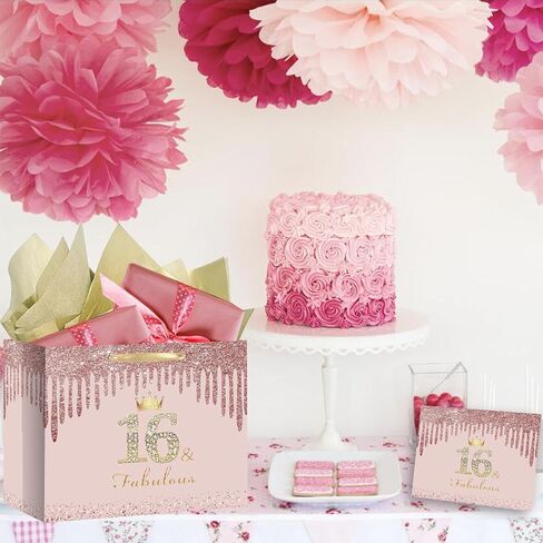 RDKOEAKEL Rose Gold Sweet 16 Fabulous Birthday Gift Bag for Girls Large Pink Gift Bag with Wrapping Paper and Card Perfect for Sweet 16 Party, 16th Birthday Decorations, and Party Supplies for Girls in Saudi Arabia