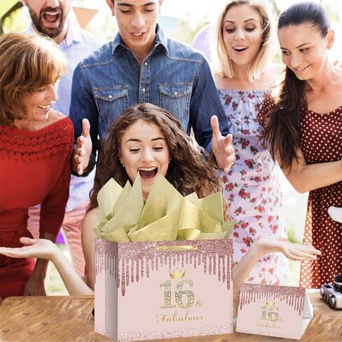 RDKOEAKEL Rose Gold Sweet 16 Fabulous Birthday Gift Bag for Girls Large Pink Gift Bag with Wrapping Paper and Card Perfect for Sweet 16 Party, 16th Birthday Decorations, and Party Supplies for Girls in Saudi Arabia