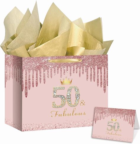 RDKOEAKEL Rose Gold Sweet 16 Fabulous Birthday Gift Bag for Girls Large Pink Gift Bag with Wrapping Paper and Card Perfect for Sweet 16 Party, 16th Birthday Decorations, and Party Supplies for Girls in Saudi Arabia