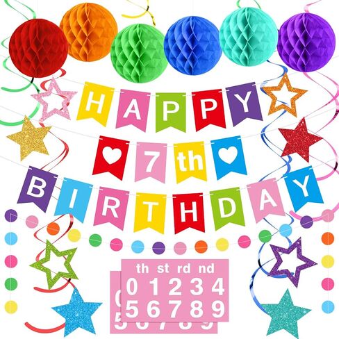 DIY Birthday Decorations Customizable Happy Birthday Banner with 6 Honeycomb Balls 8 Hanging Swirl Streamers 8 Glitter Stars and Circle Garland for Women Men Boys Girls(Purple Black) in Kuwait