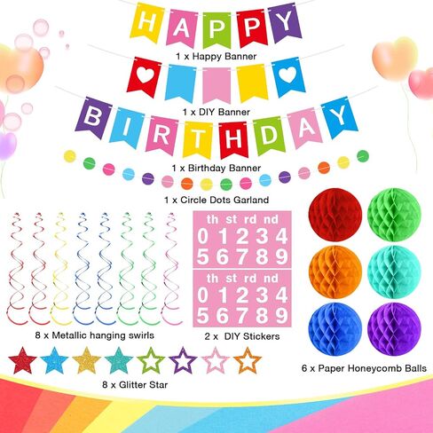 DIY Birthday Decorations Customizable Happy Birthday Banner with 6 Honeycomb Balls 8 Hanging Swirl Streamers 8 Glitter Stars and Circle Garland for Women Men Boys Girls(Purple Black) in Kuwait