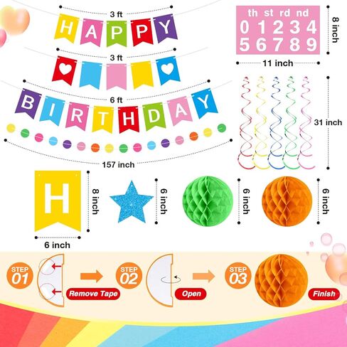 DIY Birthday Decorations Customizable Happy Birthday Banner with 6 Honeycomb Balls 8 Hanging Swirl Streamers 8 Glitter Stars and Circle Garland for Women Men Boys Girls(Purple Black) in Kuwait