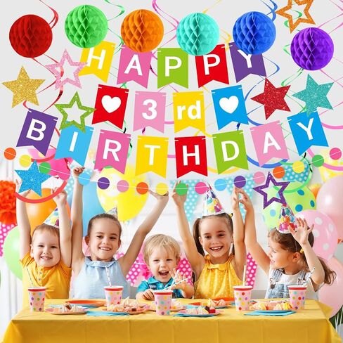 DIY Birthday Decorations Customizable Happy Birthday Banner with 6 Honeycomb Balls 8 Hanging Swirl Streamers 8 Glitter Stars and Circle Garland for Women Men Boys Girls(Purple Black) in Kuwait