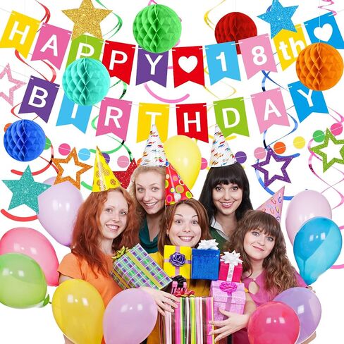 DIY Birthday Decorations Customizable Happy Birthday Banner with 6 Honeycomb Balls 8 Hanging Swirl Streamers 8 Glitter Stars and Circle Garland for Women Men Boys Girls(Purple Black) in Kuwait