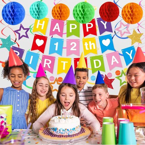 DIY Birthday Decorations Customizable Happy Birthday Banner with 6 Honeycomb Balls 8 Hanging Swirl Streamers 8 Glitter Stars and Circle Garland for Women Men Boys Girls(Purple Black) in Kuwait
