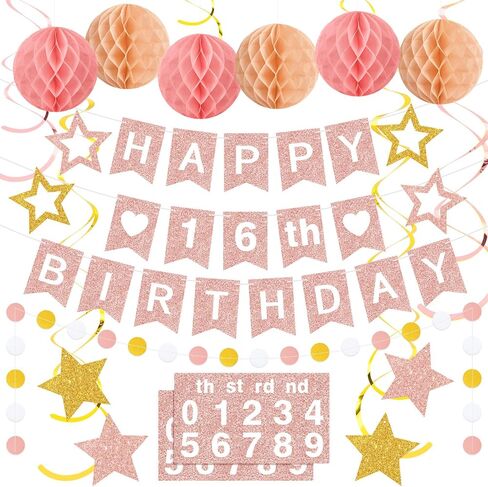 DIY Birthday Decorations Customizable Happy Birthday Banner with 6 Honeycomb Balls 8 Hanging Swirl Streamers 8 Glitter Stars and Circle Garland for Women Men Boys Girls(Purple Black) in Kuwait