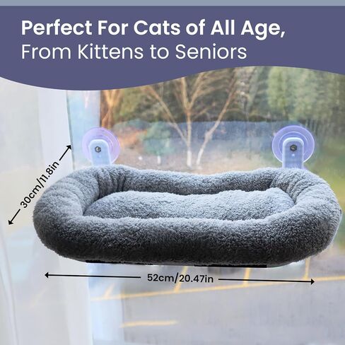 Foldable Cat Hammock for Window - Cordless, Embedded Machine Washable Padded Bed, Robust Metal - Frame Cat Window Perch for Large Cats and Kittens - Gray in Saudi Arabia