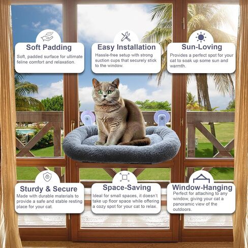 Foldable Cat Hammock for Window - Cordless, Embedded Machine Washable Padded Bed, Robust Metal - Frame Cat Window Perch for Large Cats and Kittens - Gray in Saudi Arabia