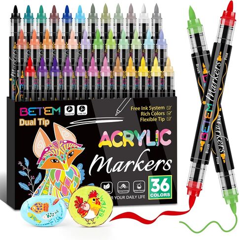 Acrylic Paint Markers Paint Pens, 24 Colors Dual Tip Direct Liquid Acrylic Markers with Automatic Ink Control System, Fine & Brush Tip Art Supplies for Rock Painting, Wood, Stone, Fabrics, DIY Craft in Kuwait