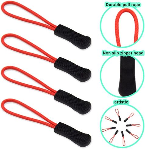 Yosawa 50 Pieces Zipper Pull Replacement，Nylon Zipper Tags Cord，Zipper Pull Puller for Jackets，Backpacks, Luggage, Purses, Handbags(Red Rope/Black Tip) in Kuwait