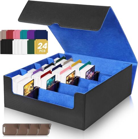Card Organizer Box, 3000+Trading Card Storage Box, PU Leather Card Organizer Box With 24 Dividers, Magnetic Closure, 4 Supporters, Card Holder Box For Game Sports Card,Blue in Saudi Arabia