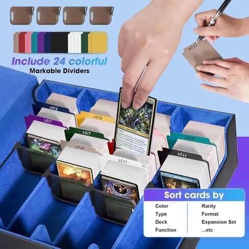 Card Organizer Box, 3000+Trading Card Storage Box, PU Leather Card Organizer Box With 24 Dividers, Magnetic Closure, 4 Supporters, Card Holder Box For Game Sports Card,Blue in Saudi Arabia