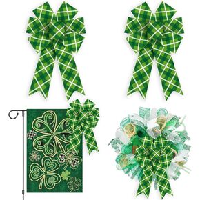 Alibbon 2 Pcs St. Patrick's Day Bows for Wreaths, St Patrick's Day Wreath Bows, Green Buffalo Plaid Bows for Front Door, St. Patrick's Day Decor, Craft Bows for Parade Indoor Outdoor Party Decor