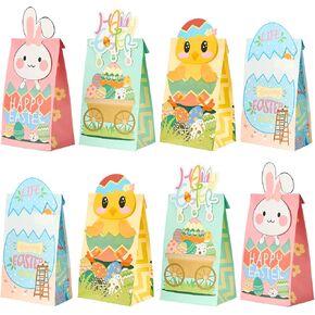 Soelomu 24 PCS Easter Paper Treat Bags, Easter Gift Bags with Stickers Candy Cookie Bags, Easter Egg Bunny Chick Goodie Bags for Holiday Party Favors