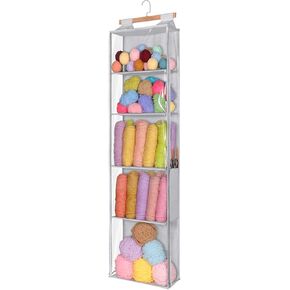 LOVEGRASS Hanging Yarn Storage Organizer with 5 Large Pockets, Large Capacity Crochet Bag Knitting Organizer Storage with Two-Way Zipper for Yarn Balls, Crochet Accessories (Grey)