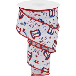 July 4 Fireworks Uncle Sam Wired Ribbon, Red White Blue - 2.5 inches x 10 Yards