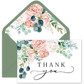 Whaline Blue Lemon Floral Thank You Cards Bulk Watercolor Flower Lemon Thank You Note Cards with Stickers Envelopes Foil Gold Blank Cards for Spring Summer Wedding Baby Shower, 24 Pack