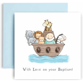 Huxters Baptism Card - Noah's Ark Square Religious Card | First Communion Christening - Baptism - Christian - Confirmation | Blank Inside for Personalised Message Envelope Included