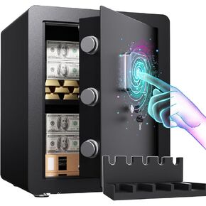 2 Cuft Safe Box Biometric Fire Proof Safe For Home Documents Fireproof With Gun Rack & Removable Shelf,Biometric Fingerprint With Alarm Device,Box Fireproof Waterproof for Money Jewelry
