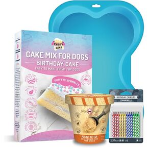 Puppy Cake Dog Birthday Cake Kit, All Natural Fluffy & Moist Dog Cake with Pupfetti Sprinkles, Maple Bacon Ice Cream, Blue Bone Silicone Pan and 24 Candles, Made in USA