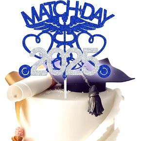 Happy Match Day 2025 Cake Topper, It's A Match, Congrats on Matching, 2025 Medical School Residency Match Day Graduation Party Decorations Supplies, Blue and Silver Glitter