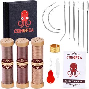 1200D 55 Yards Leather Sewing Waxed Thread, Upholstery Thread (Original White, Light Brown, Coffee) with 8 Pcs Heavy Duty Sewing Kit Upholstery Needles for DIY Hand Sewing Leather Repair