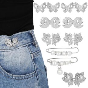 Pant Waist Tightener, Butterfly Jeans Buttons Waist Cincher Clip Pearl Brooch Pins No Sew and No Tools Adjustable Button Tightener for Women Loose Jean Pants Skirts Decoration Accessories