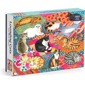 Galison Lounging Cats – 1000 Piece Jigsaw Puzzle Featuring Beautiful Artwork of A Variety of Feline Friends Lounging On Colorful Quilts